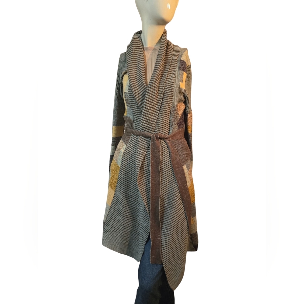 NIC+ZOE Multicolor Blue Patchwork Striped Cardigan ~Medium Cottonblend Retro - Picture 3 of 9